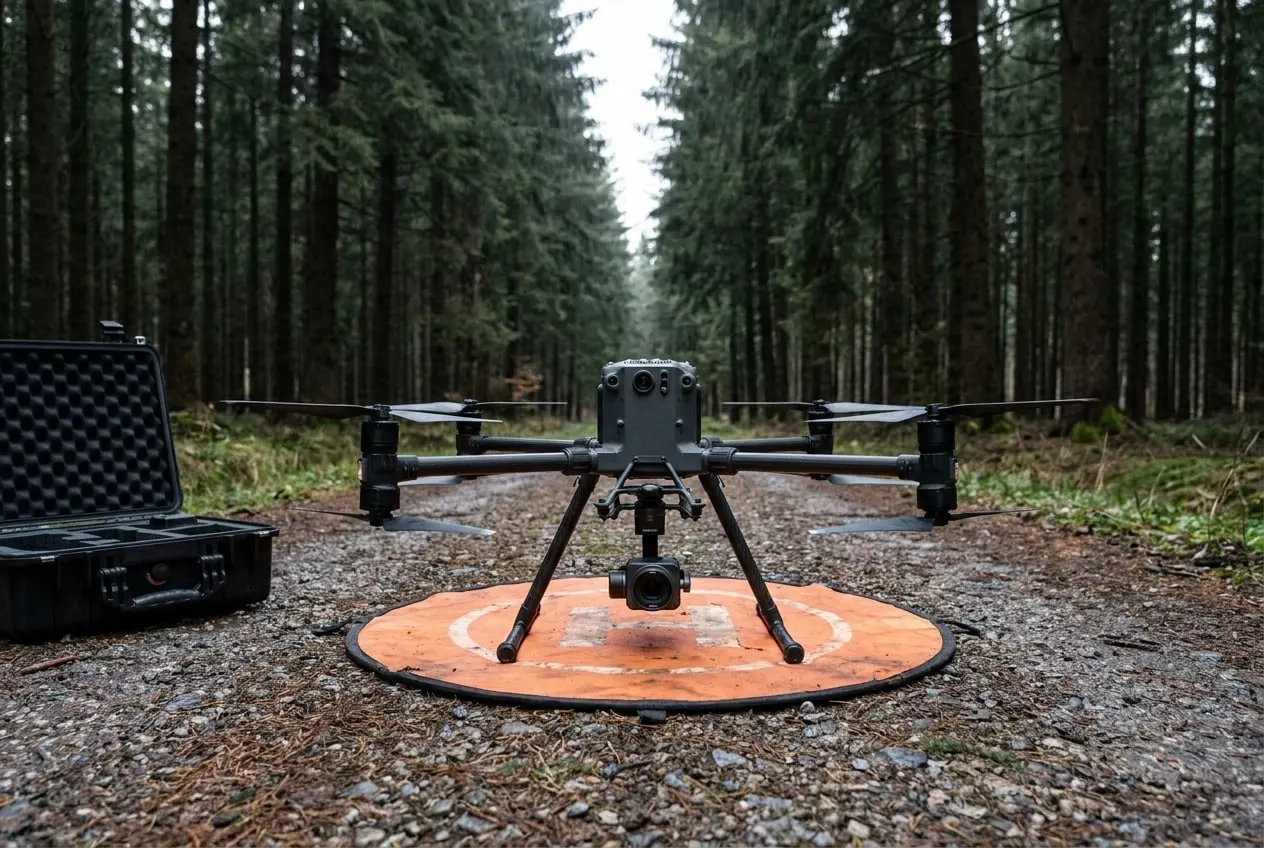 Vermessungsdrohne mit LiDAR-Sensor auf einem Landeplatz im Wald